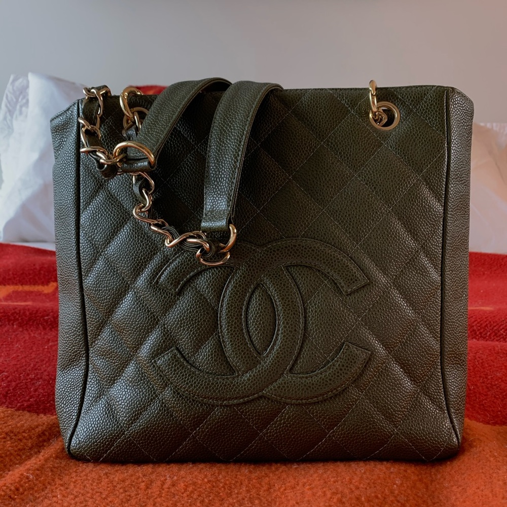Chanel Leather Olive Green Bucket Tote Bag Chain - Picture 1 of 8